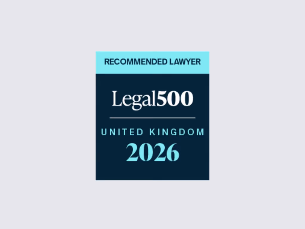 Legal500 recommended lawyer badge for United Kingdom 2026 in blue and turquoise colors.