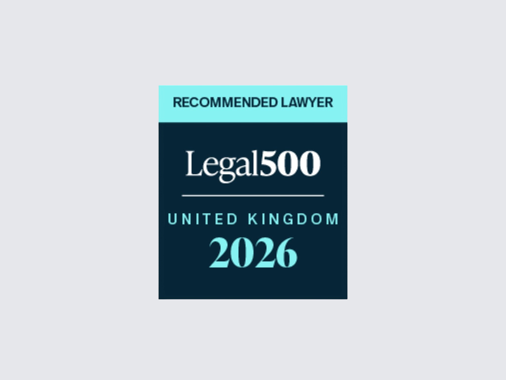 Legal500 recommended lawyer badge for United Kingdom 2026 in blue and turquoise colors.