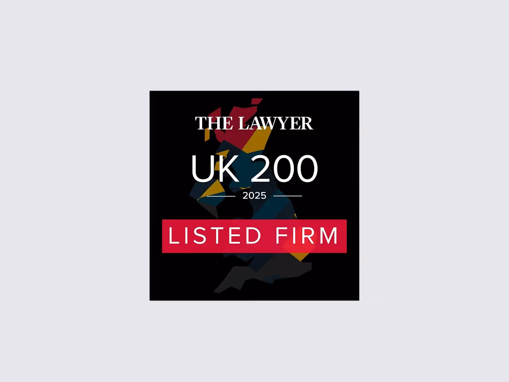 The Lawyer UK 200 2025 Listed Firm badge with a colorful UK map silhouette on black background.