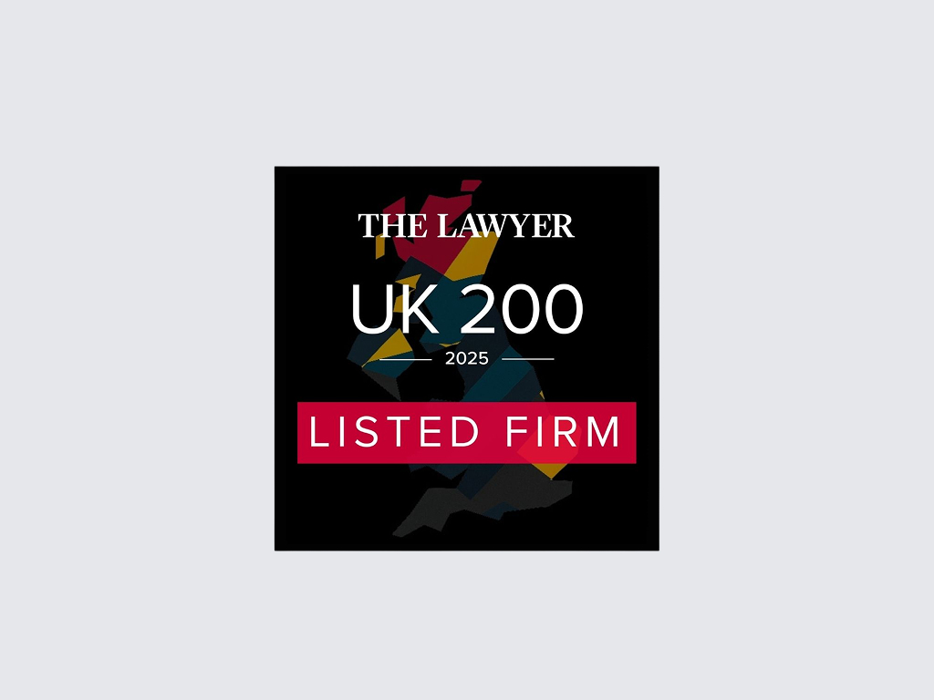 The Lawyer UK 200 2025 Listed Firm badge with a colorful UK map silhouette on black background.
