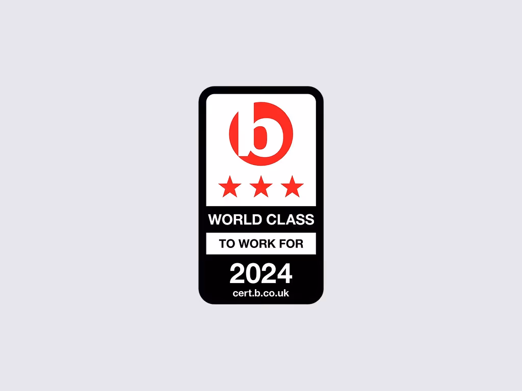 Badge with three red stars and text reading 'World Class to Work For 2024 cert.b.co.uk'.