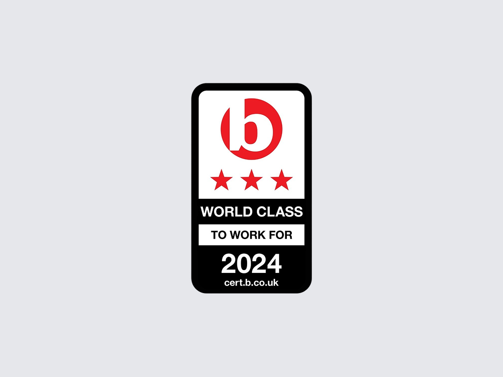 Badge with three red stars and text reading 'World Class to Work For 2024 cert.b.co.uk'.