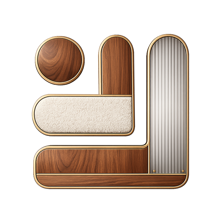 Icon composed of geometric shapes with wood, fabric, and metal textures in a modern design style.