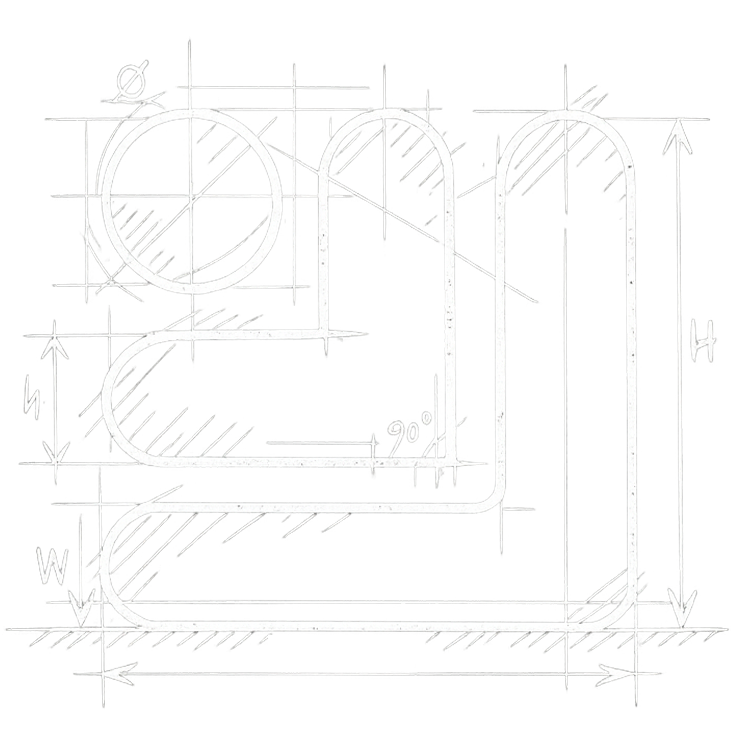 Technical drawing of a bent pipe with circular cross-section and labeled dimensions including height, width, and diameter.
