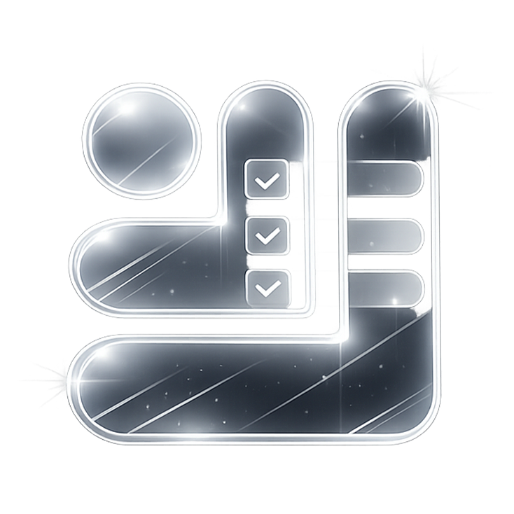 Glossy silver bar chart icon with three vertical bars, three checkmarks on the middle bar, and a circle on the top left.