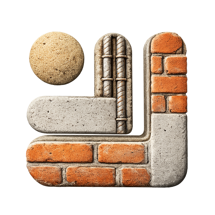 3D icon combining concrete, bricks, and metal rebar forming an abstract construction corner with a round beige element above.