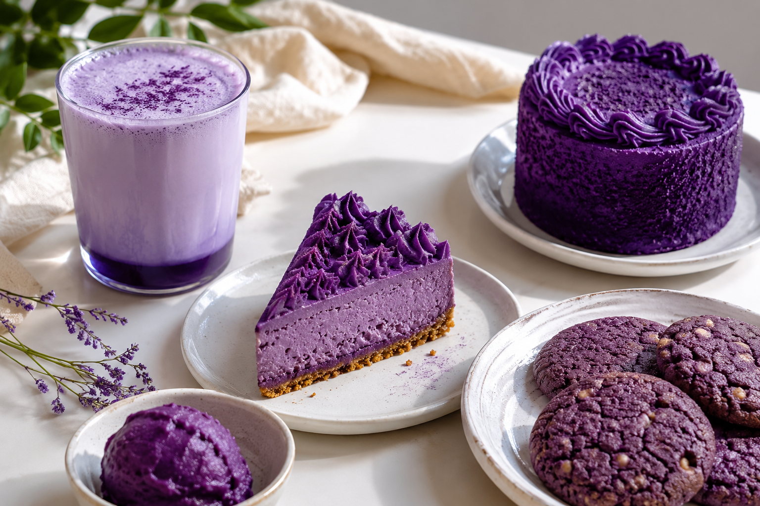 Purple ube desserts and bakes arranged together