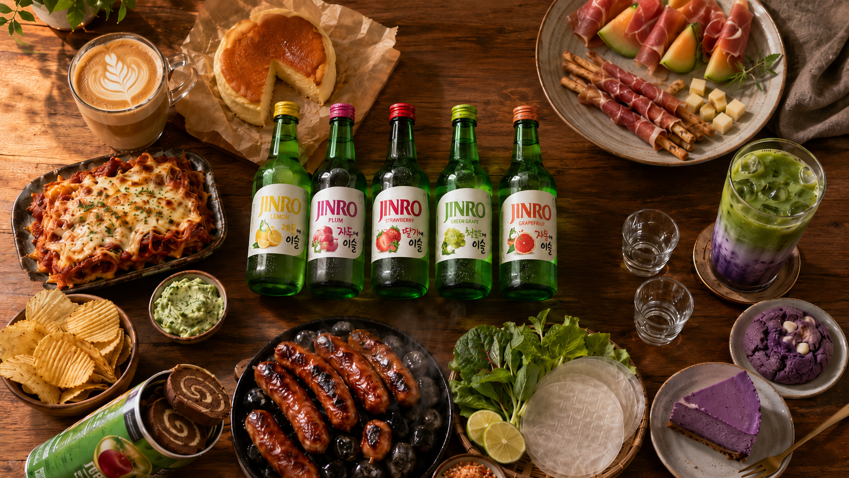 A spread of spring 2026 viral foods from Japan, the Philippines, Vietnam and the global wave with JINRO fruit soju lineup