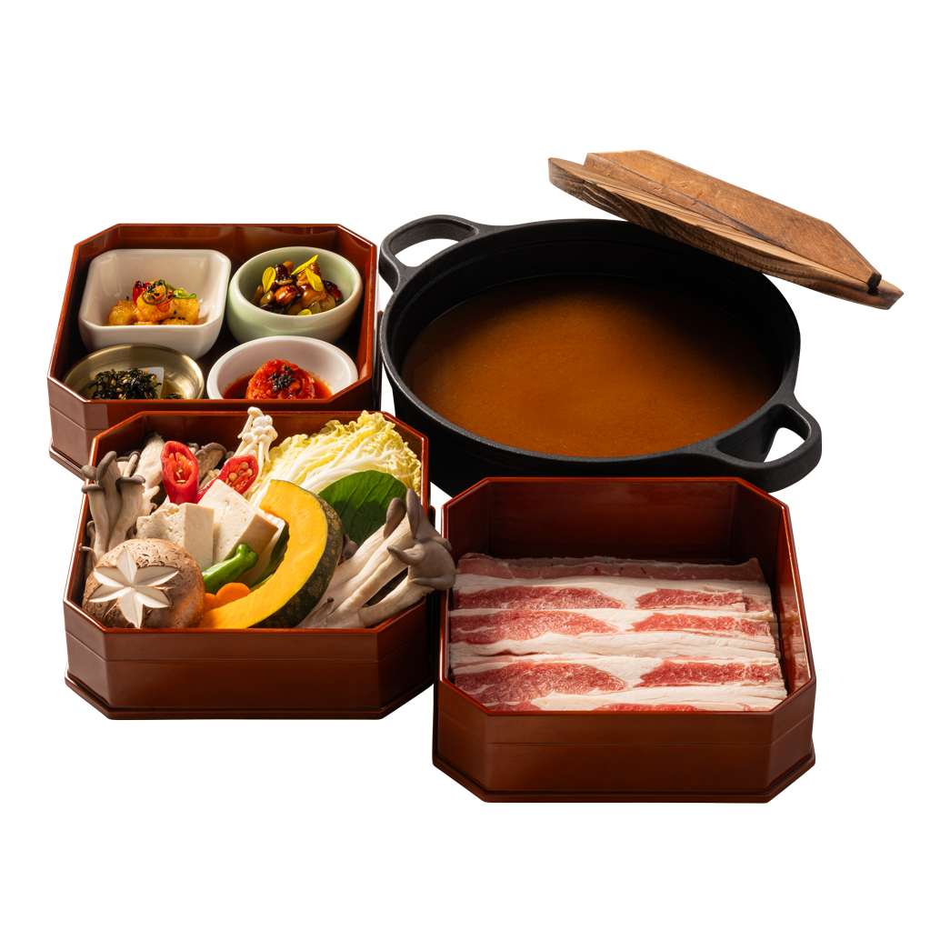 Oncheon NYC doenjang hot pot with a Chanhap banchan box, sliced beef belly, mushrooms, and vegetables
