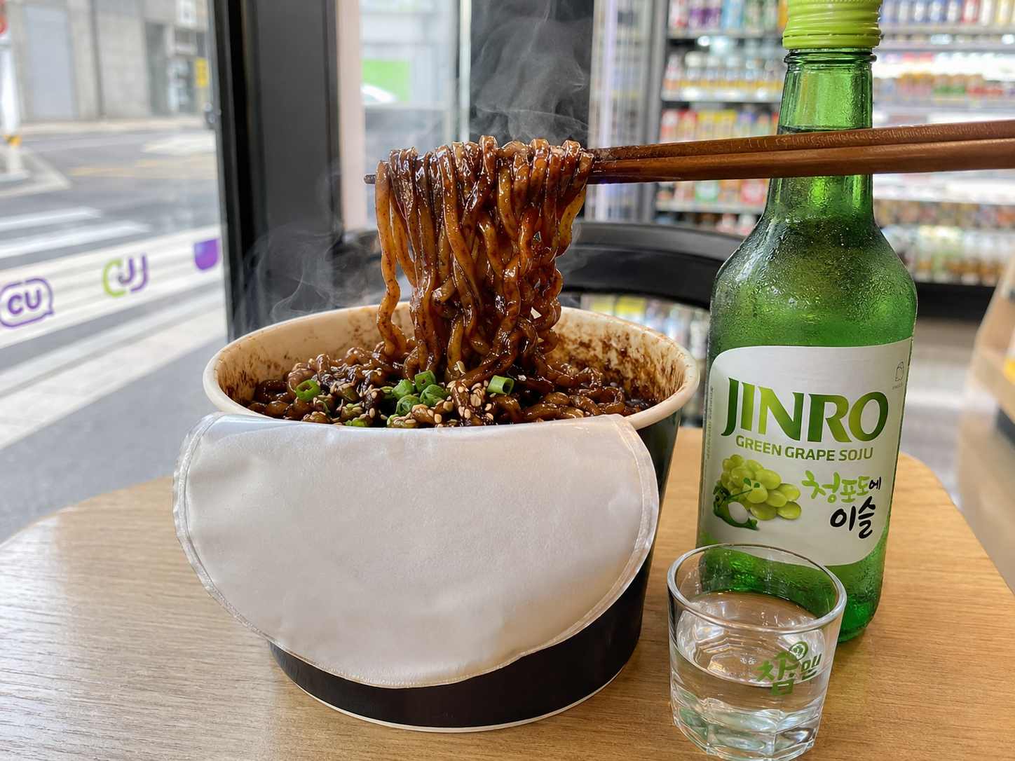 Jjajang Buldak: spicy Buldak fire noodles mixed with black-bean jjajang ramyun at a Korean convenience store, paired with JINRO Green Grape soju