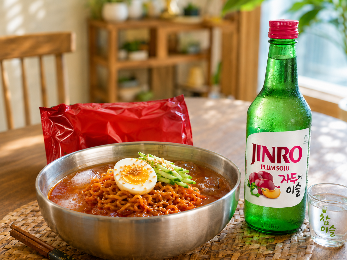 Buldak naengmyeon: spicy cold Buldak noodles in icy naengmyeon broth made at home, paired with JINRO Plum soju