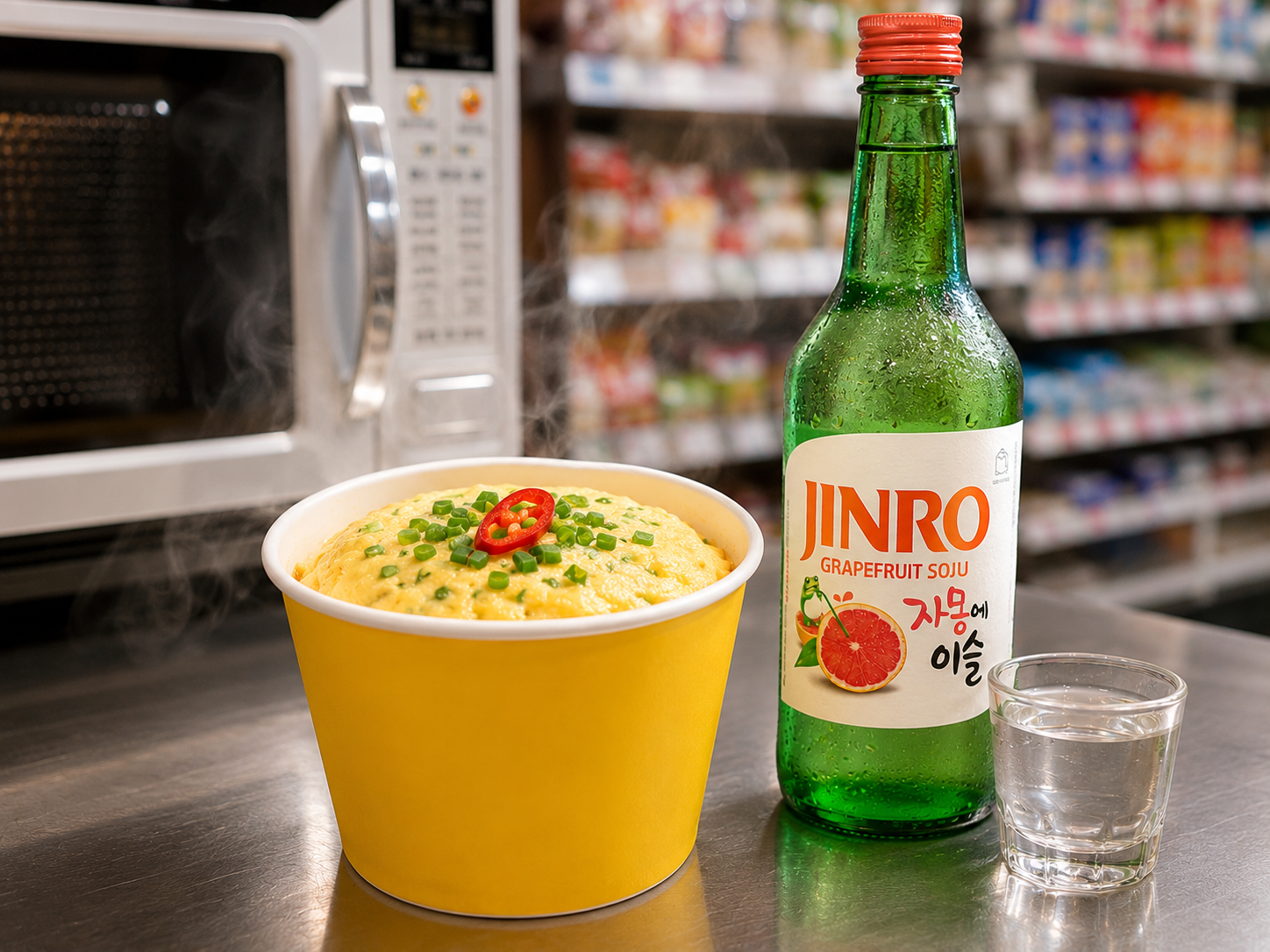 Cup-noodle egg steam: soft steamed-egg cup noodle bowl at a Korean convenience store, paired with JINRO Grapefruit soju