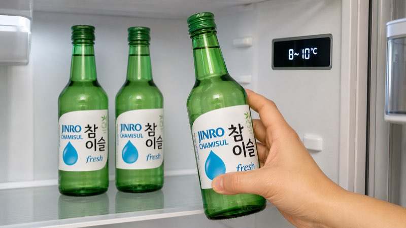 冰箱中的 JINRO 燒酒與顯示 8~10°C 的溫度標示
