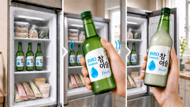 JINRO 燒酒經冷凍、搖晃後形成冰沙的三步驟