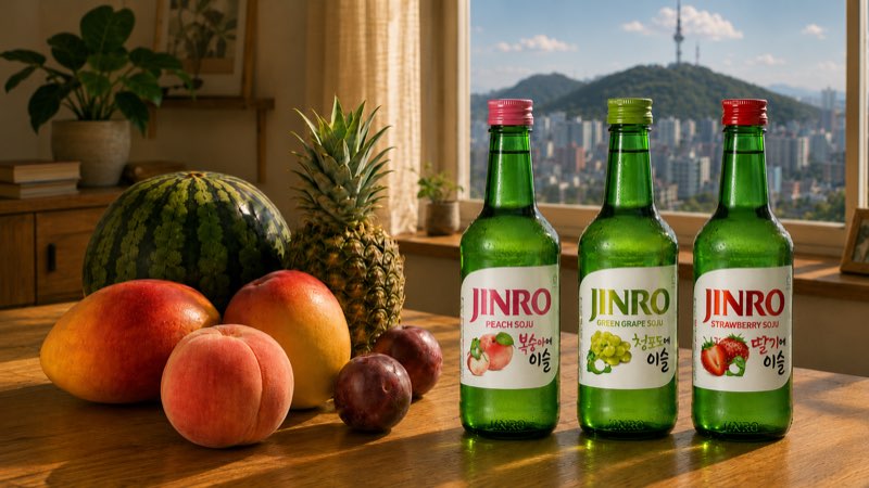 JINRO Peach、Green Grape 與 Strawberry 果味燒酒和夏季水果