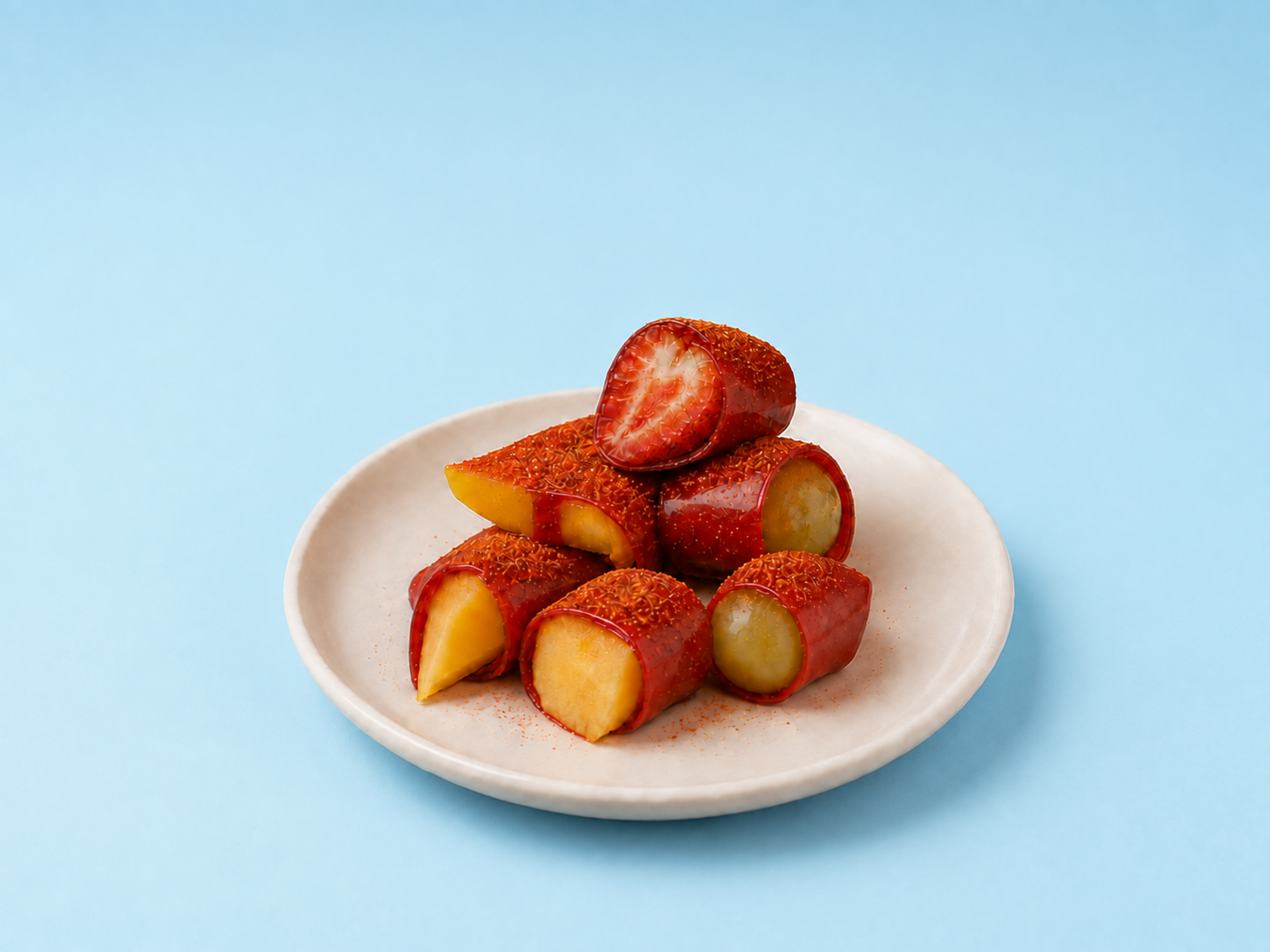 Colorful Fricy snacks made by wrapping fruit in fruit roll-ups and finishing them with chamoy and Tajín.