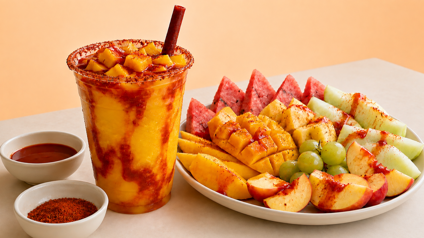 A mangonada served with chamoy and Tajín, surrounded by a colorful selection of fresh fruit.