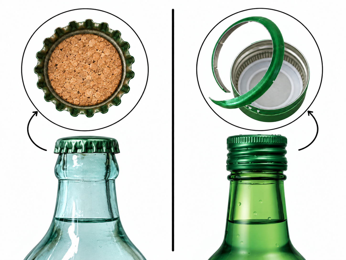 Comparison of a cork-lined cap and a screw cap