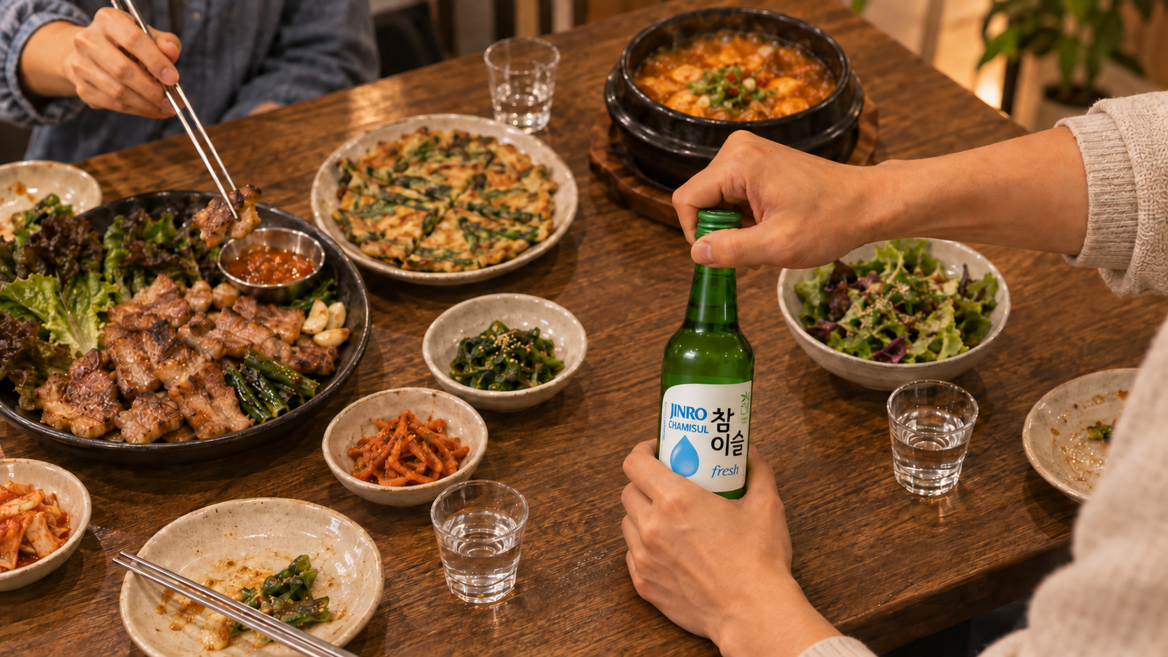 Opening JINRO at a Korean dinner table