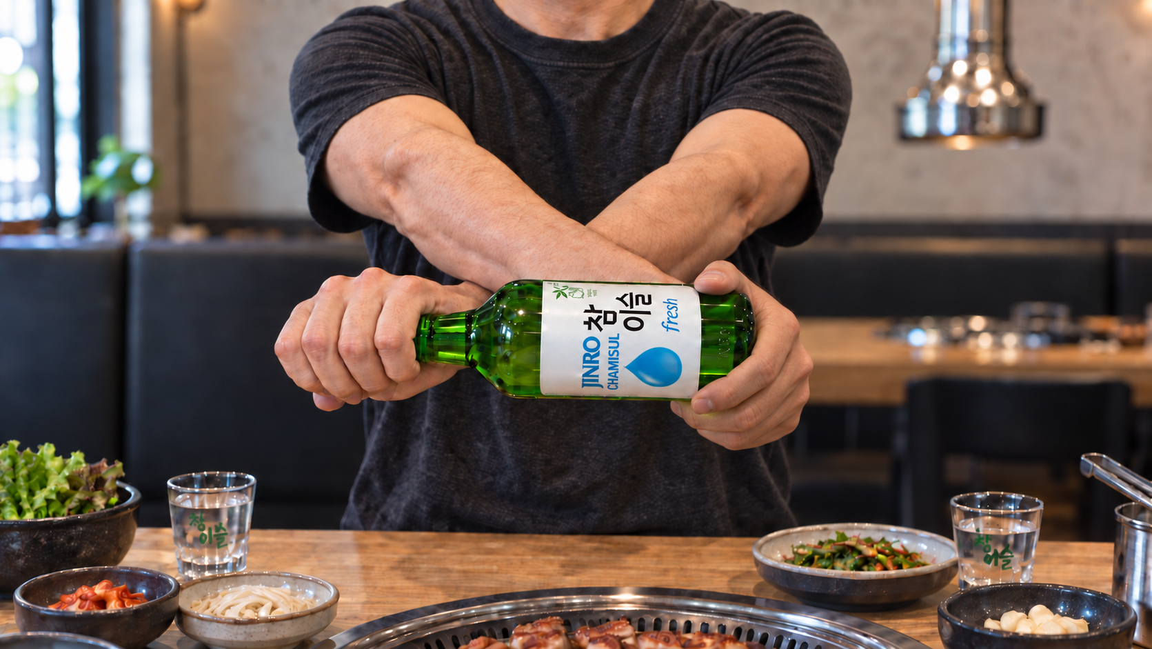 Holding a JINRO bottle with crossed arms