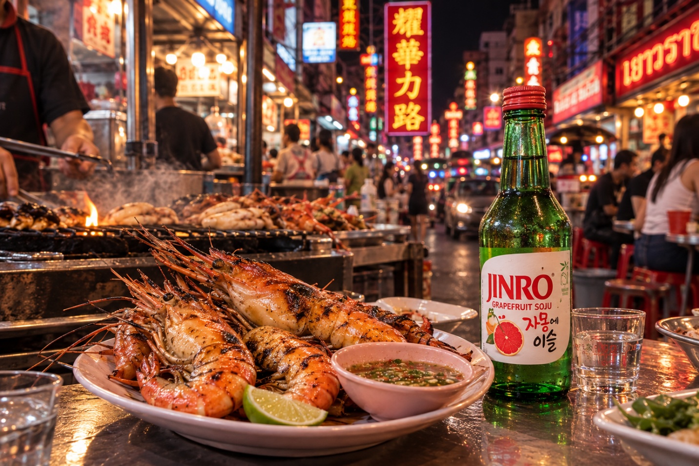 Grilled river prawns and seafood skewers at Bangkok's Yaowarat night market with JINRO Grapefruit