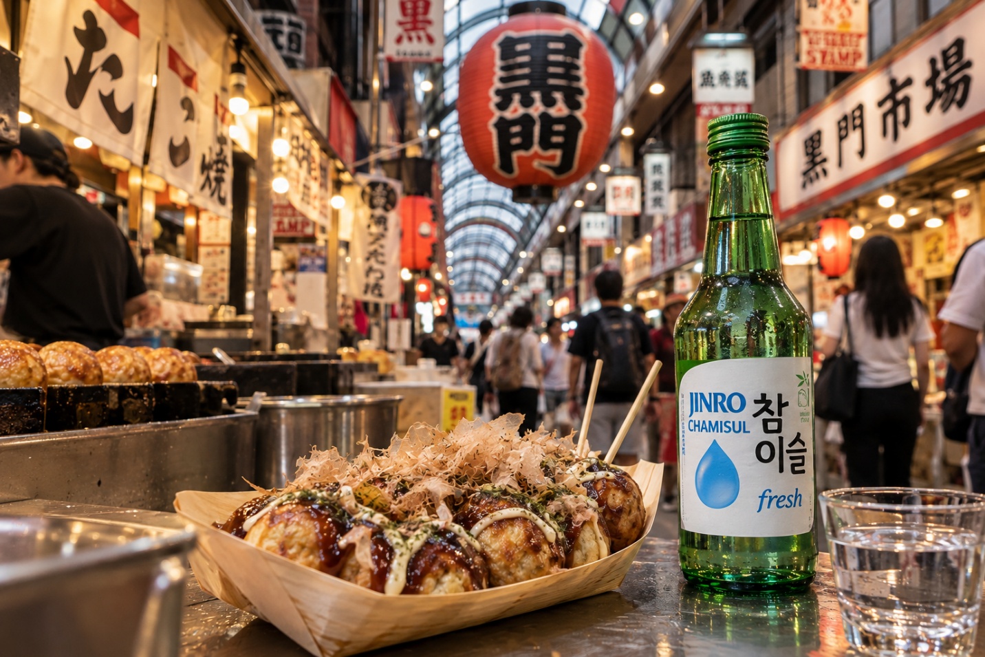 Takoyaki and grilled seafood at Osaka's Kuromon Market with JINRO Chamisul Fresh
