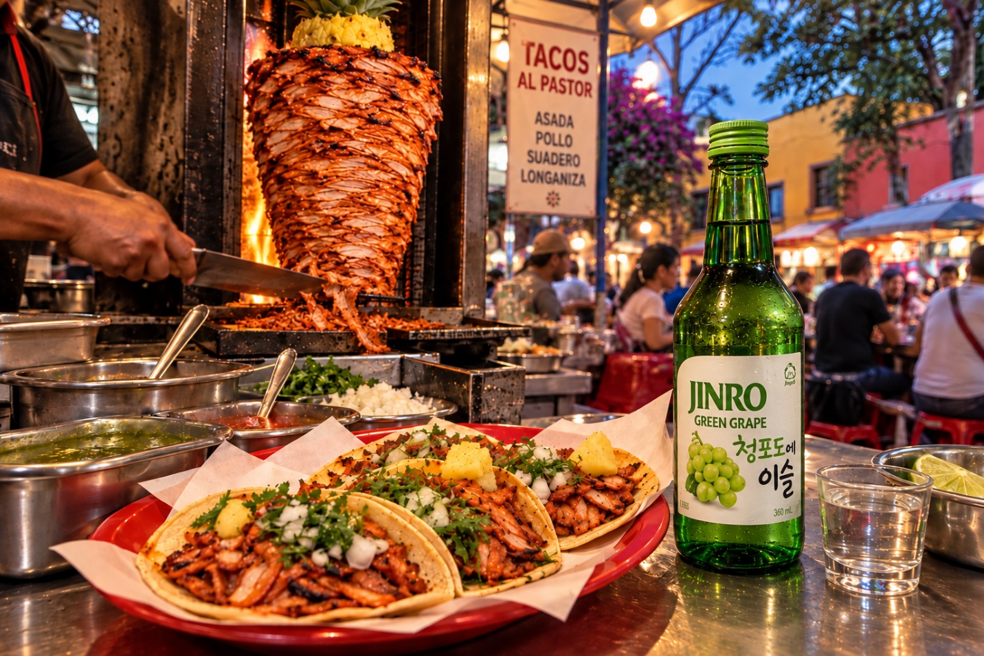 Tacos al pastor at a taco counter near Mercado de Coyoacán in Mexico City with JINRO Green Grape