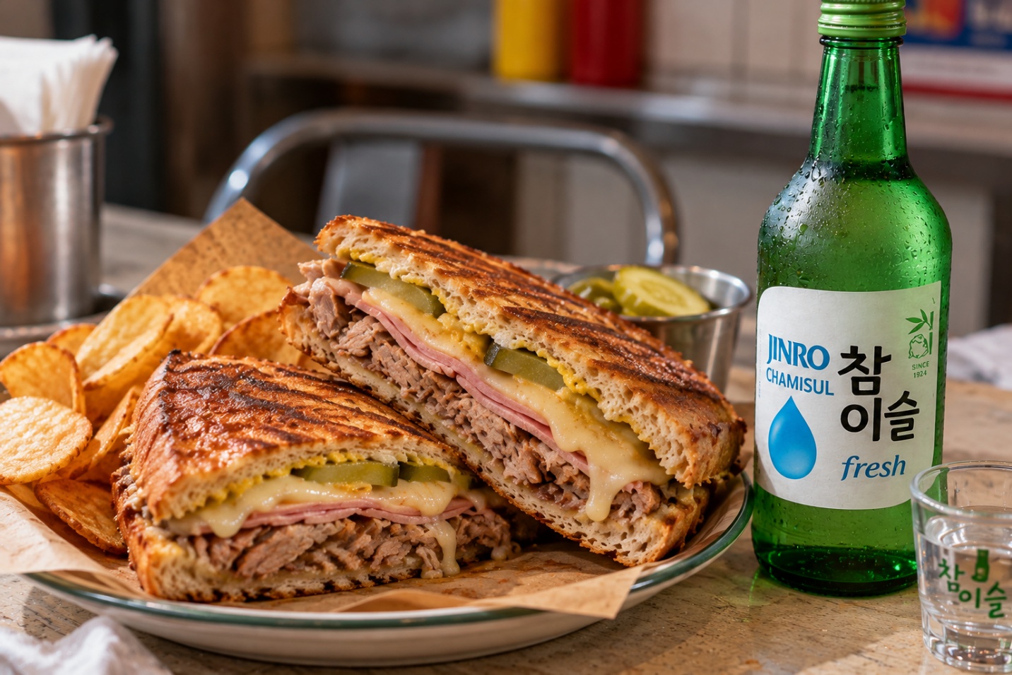 Pressed Cuban sandwich from the movie Chef paired with JINRO Chamisul Fresh
