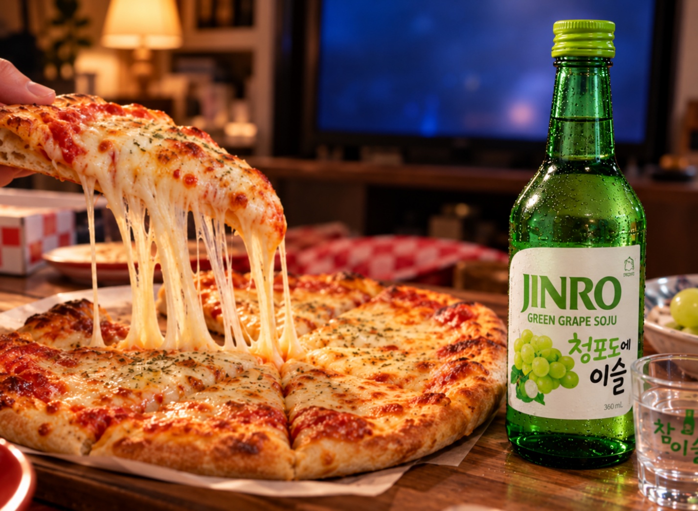 Plain cheese pizza from the movie Home Alone paired with JINRO Green Grape