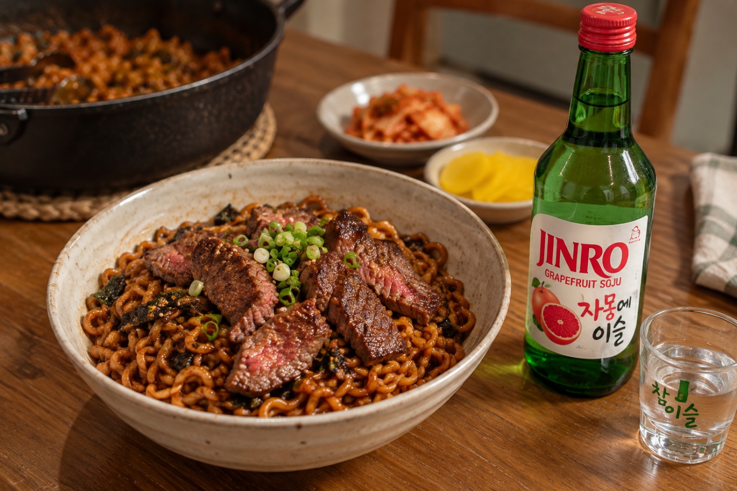 Jjapaguri with sirloin from the movie Parasite paired with JINRO Grapefruit