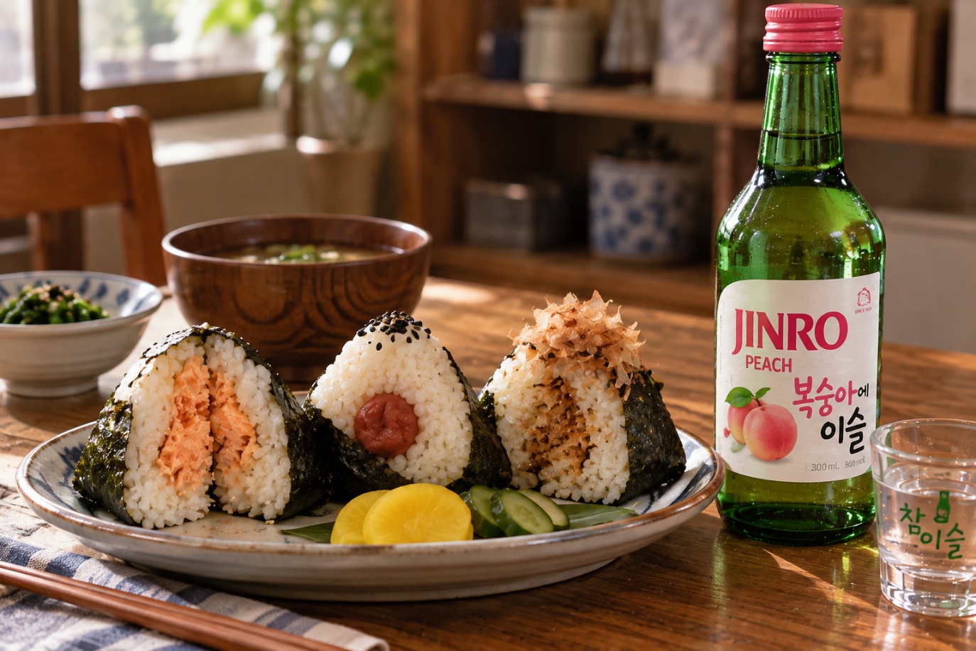 Salmon, umeboshi and katsuobushi onigiri from the movie Kamome Diner paired with JINRO Peach