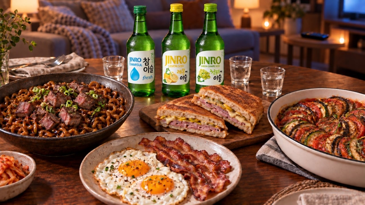 Jjapaguri with beef, a pressed sandwich and other movie night dishes on a living room table with JINRO Chamisul Fresh, Lemon and Green Grape