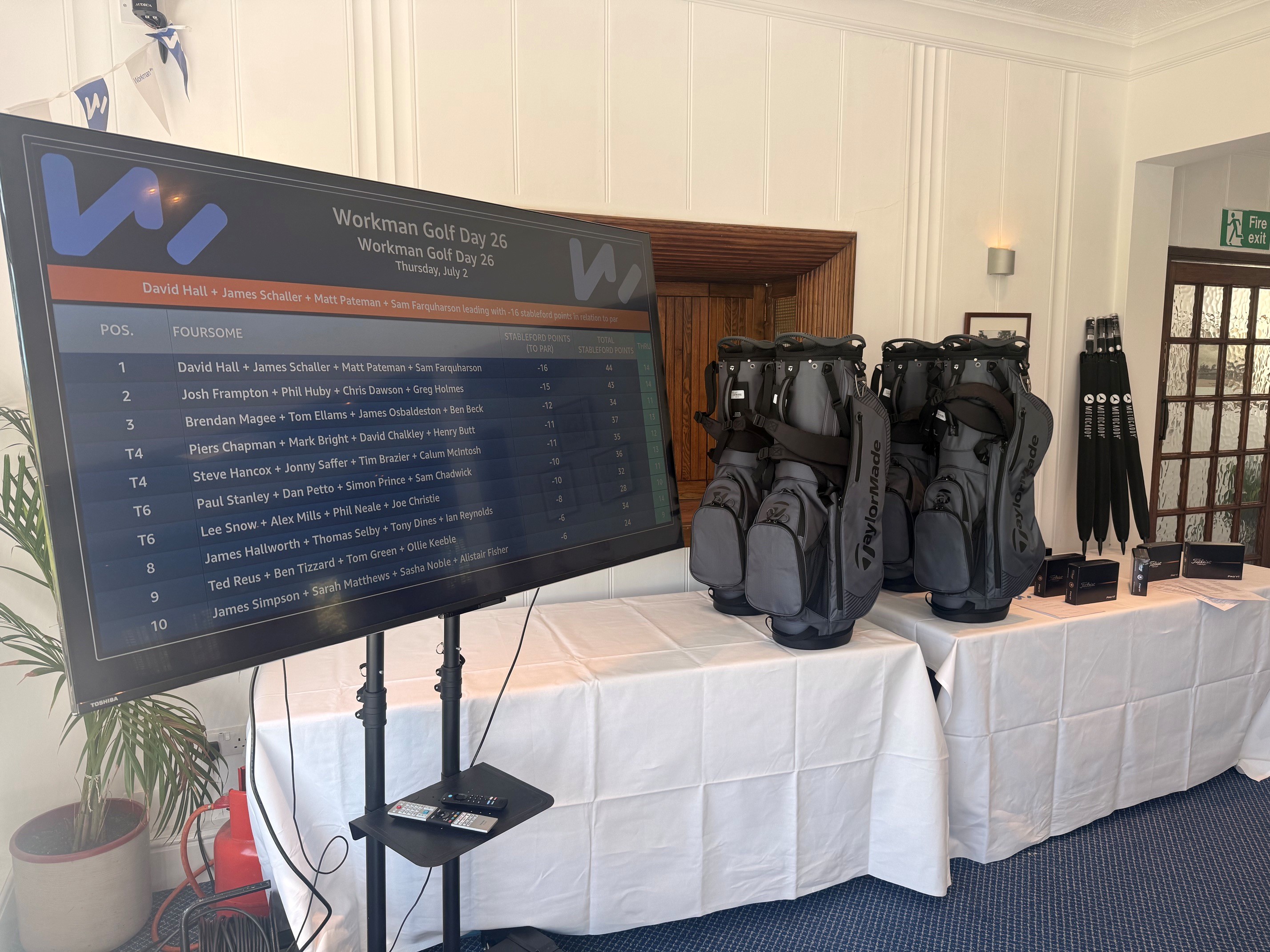 Digital leaderboard for Workman Golf Day with golf bags and accessories on white-covered tables nearby.