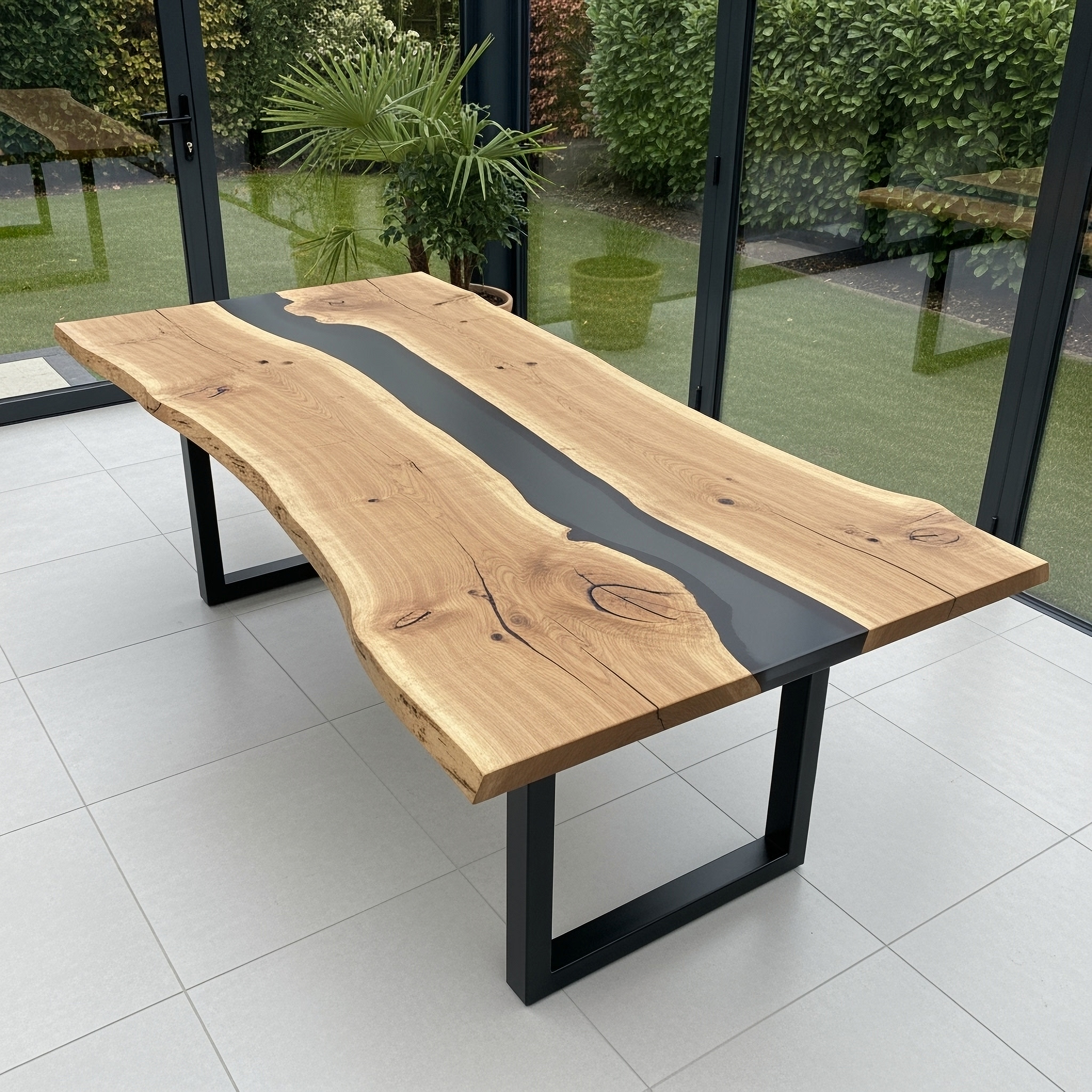 Cherry resin river table with rich timber figure and dark resin