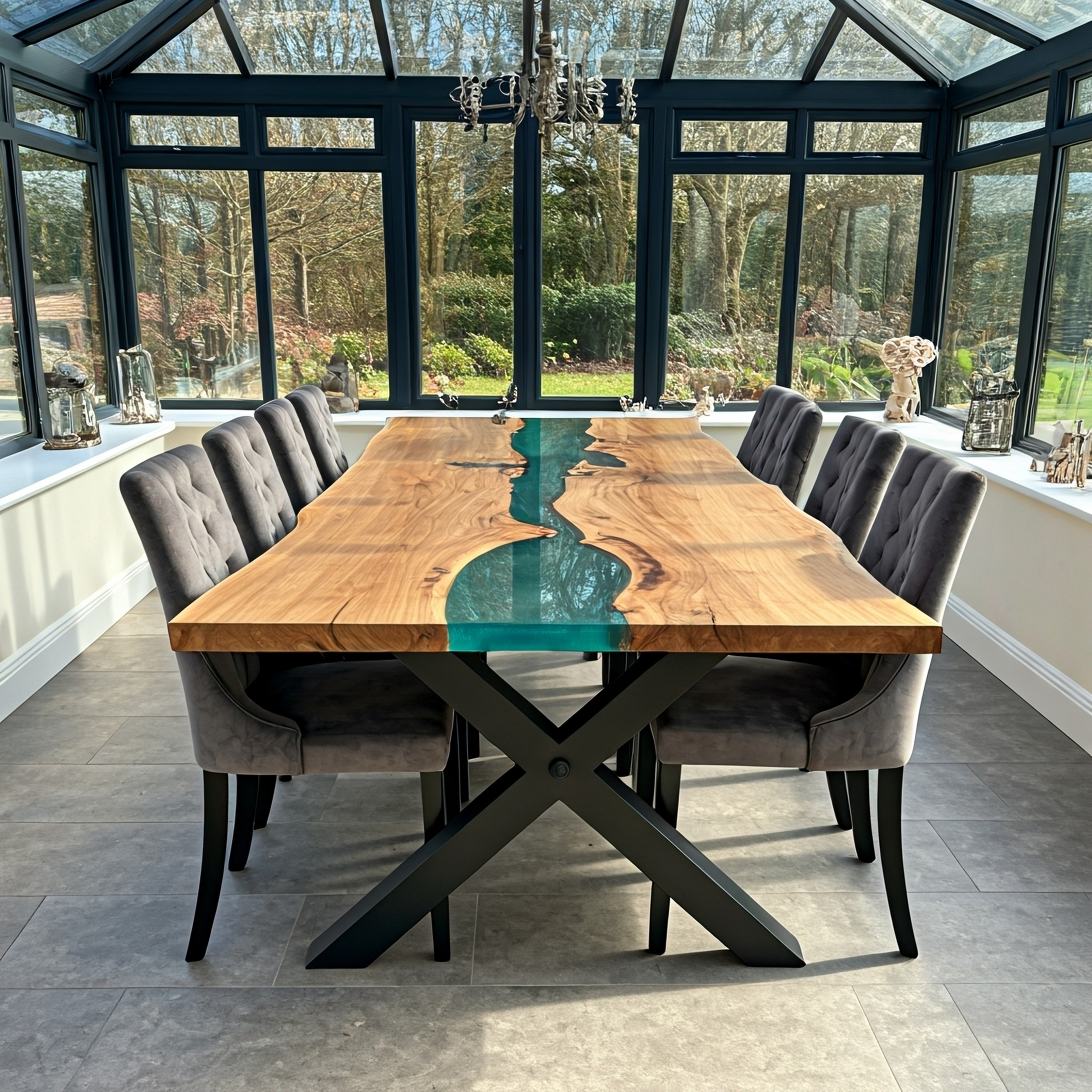 Yew resin river dining table with vibrant emerald resin