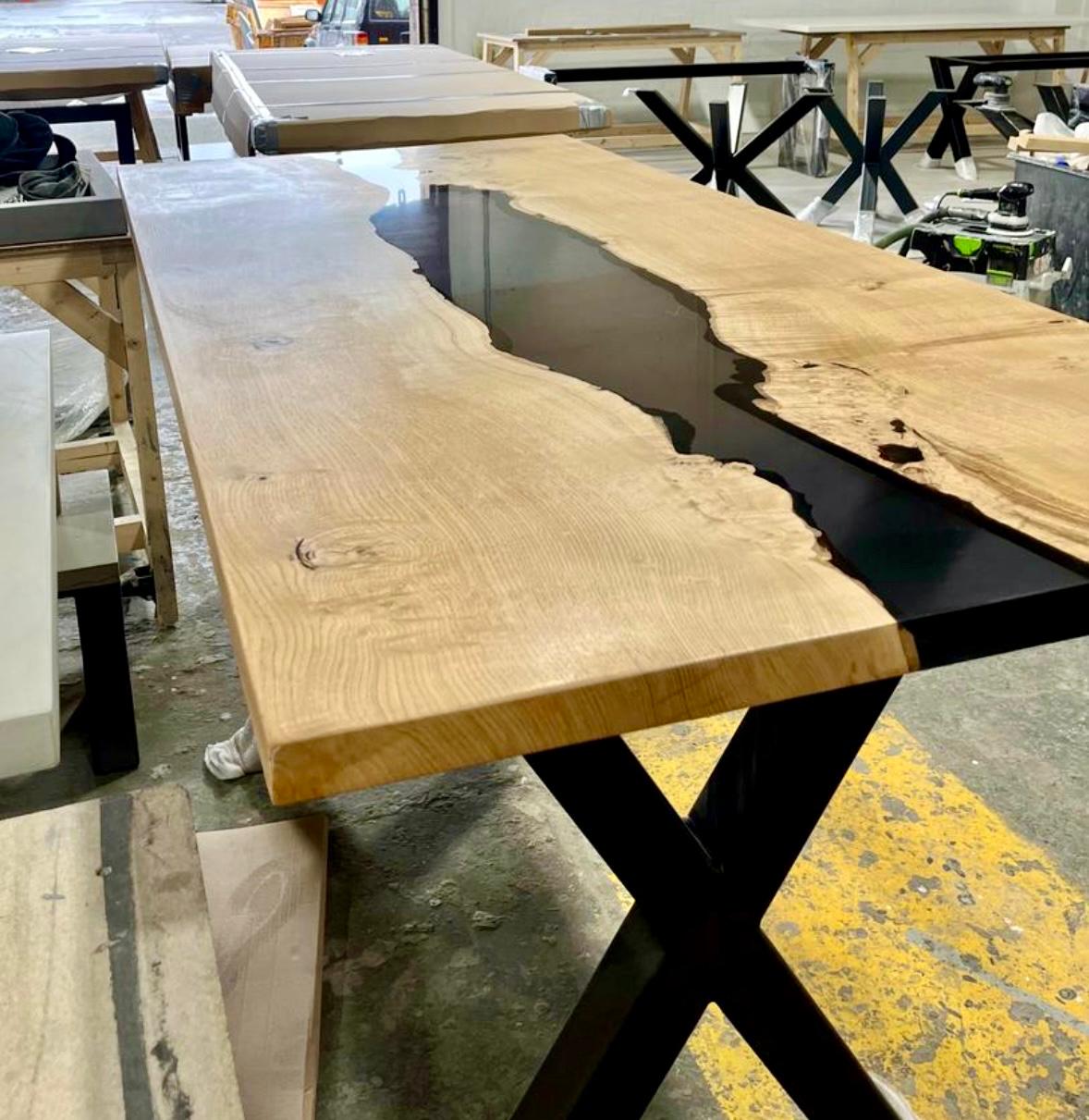 Oak resin river dining table with black resin and straight edges