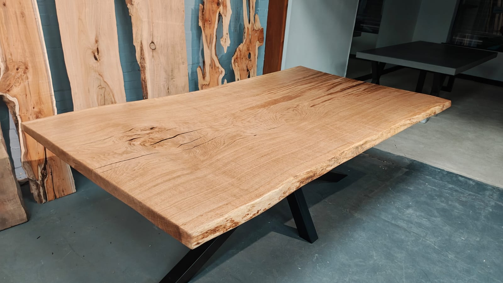 Live-edge oak meeting table on square base, delivered Mar 2024u