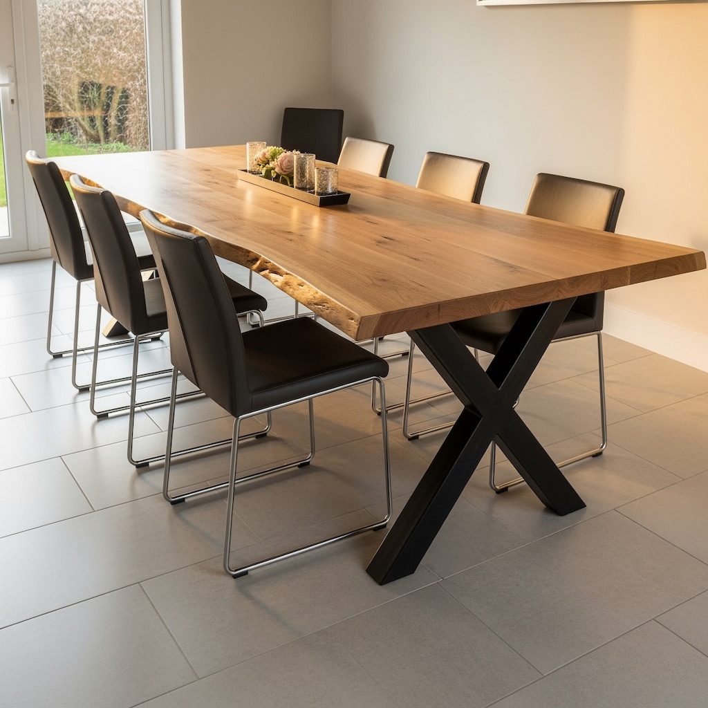 Split oak tabletop with clear resin fill, natural edge detail