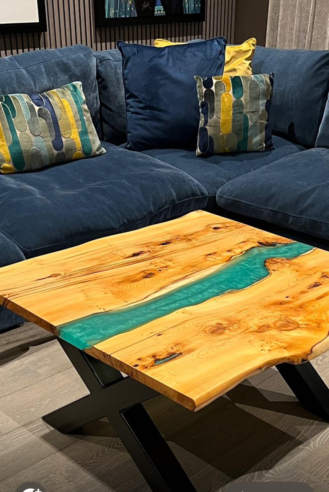 Yew resin river coffee table with vibrant emerald resin
