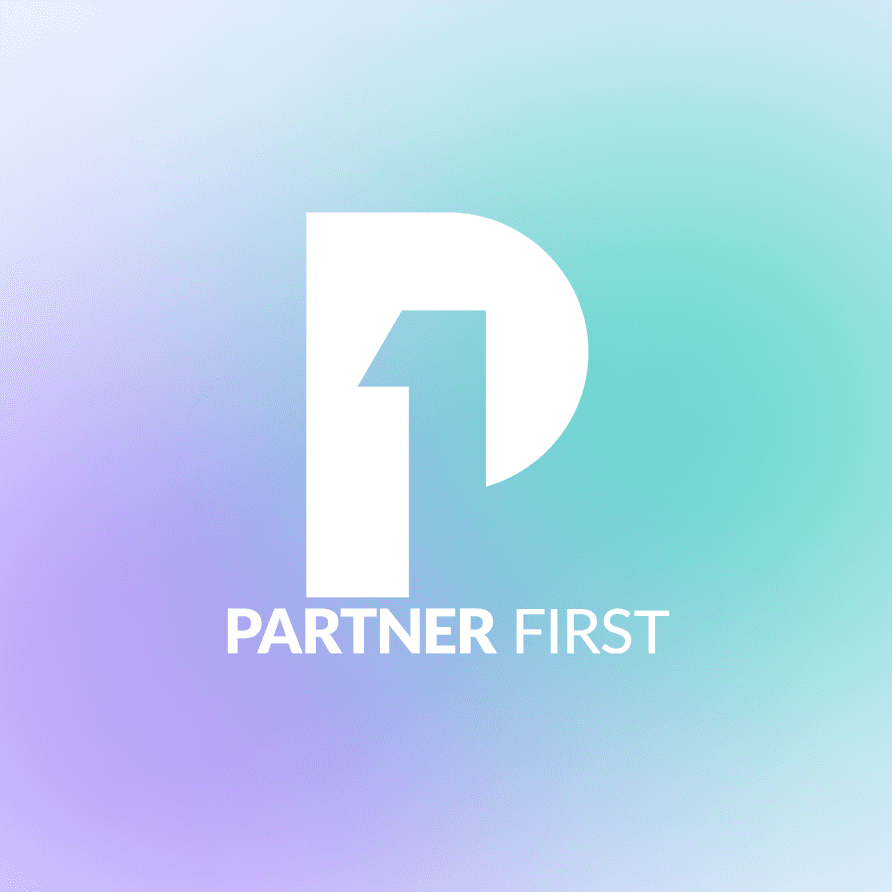White stylized letter P with the word 'PARTNER FIRST' below on a purple and teal gradient background.