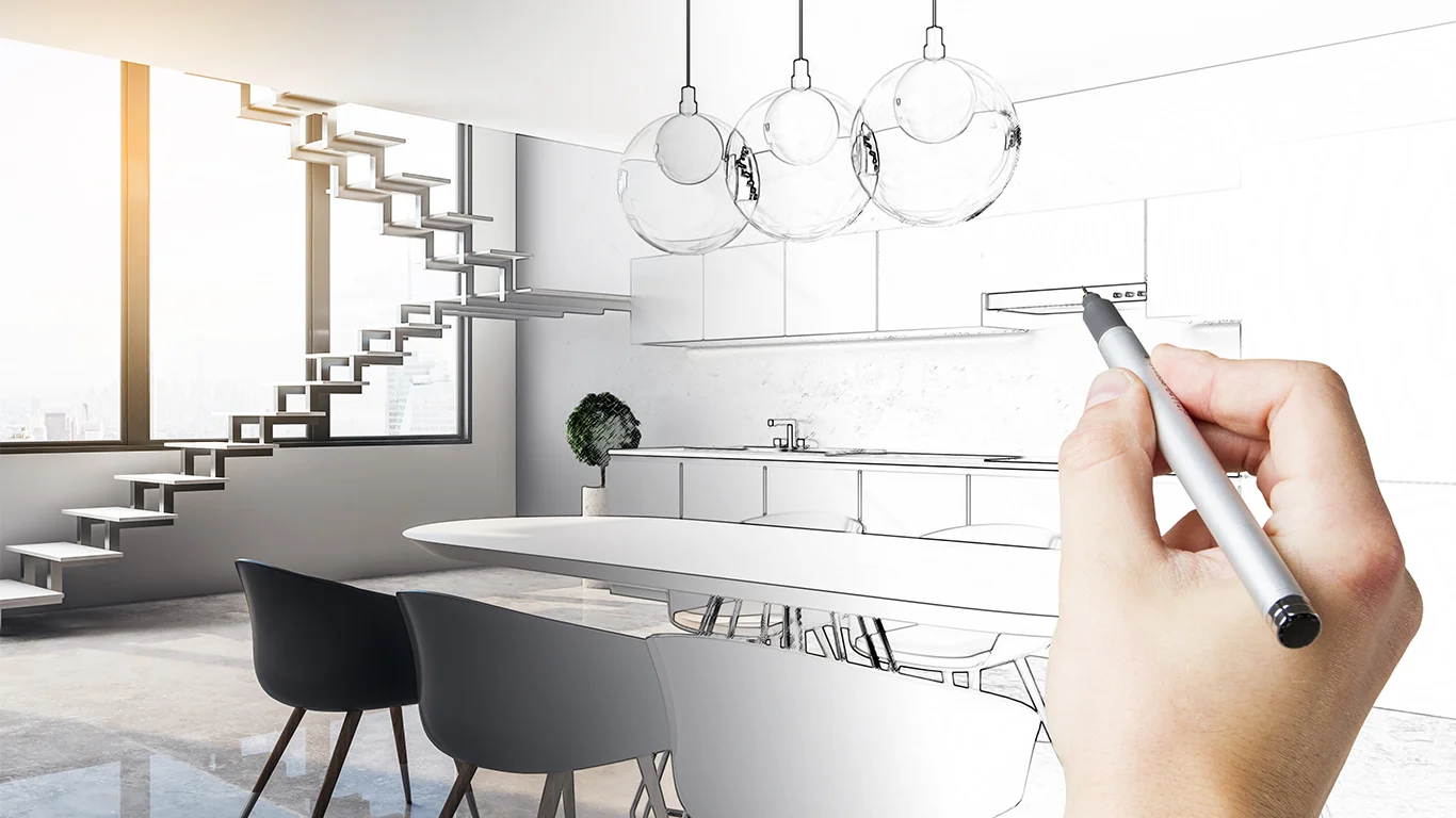 Hand holding a pen drawing a modern kitchen and dining area with a staircase and large windows.