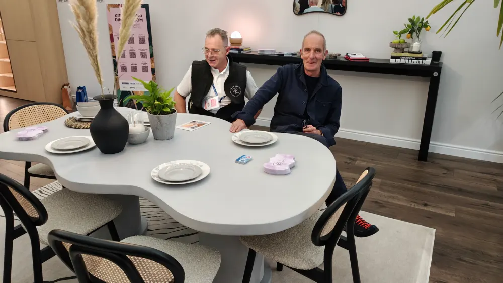 Cloud polished concrete dining table showcased at a design exhibition