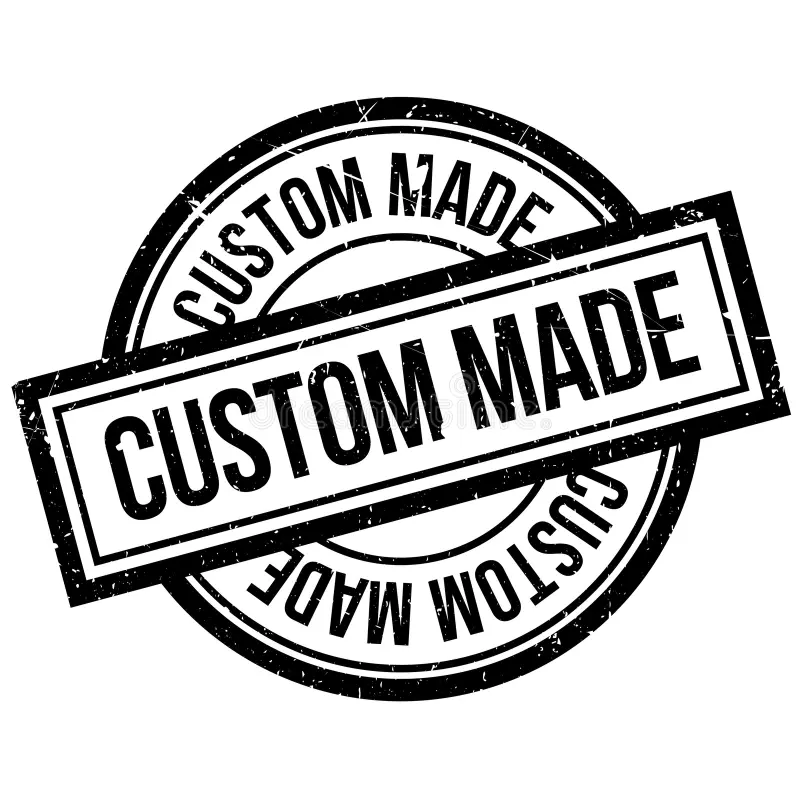 Black grunge stamp with the words 'CUSTOM MADE' in a circular and rectangular design.