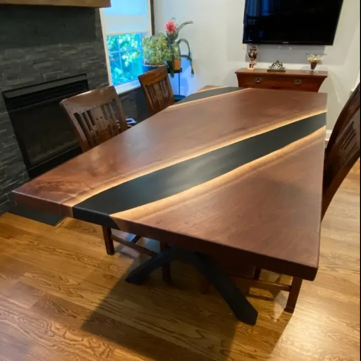 Resin river dining table with live edge timber and coloured epoxy