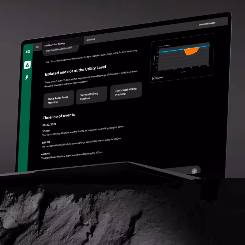 EQ Sight dashboard showing real-time waveform visualization and power quality metrics