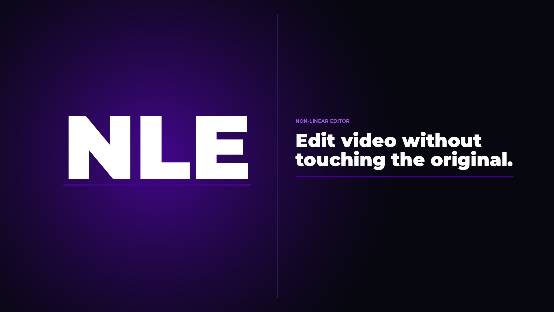 Thumbnail for a blog post explaining what an NLE (Non-Linear Editor) is — bold white text on a dark purple background with a vertical divider separating the acronym NLE on the left from the headline on the right.
