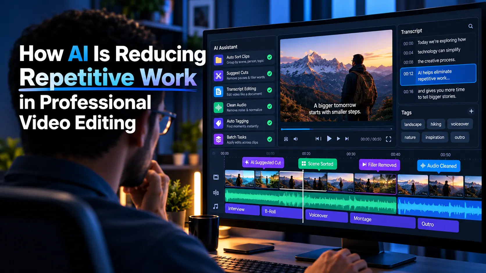 AI-powered video editing software interface showing automated editing tools and a professional video editor working at a computer.