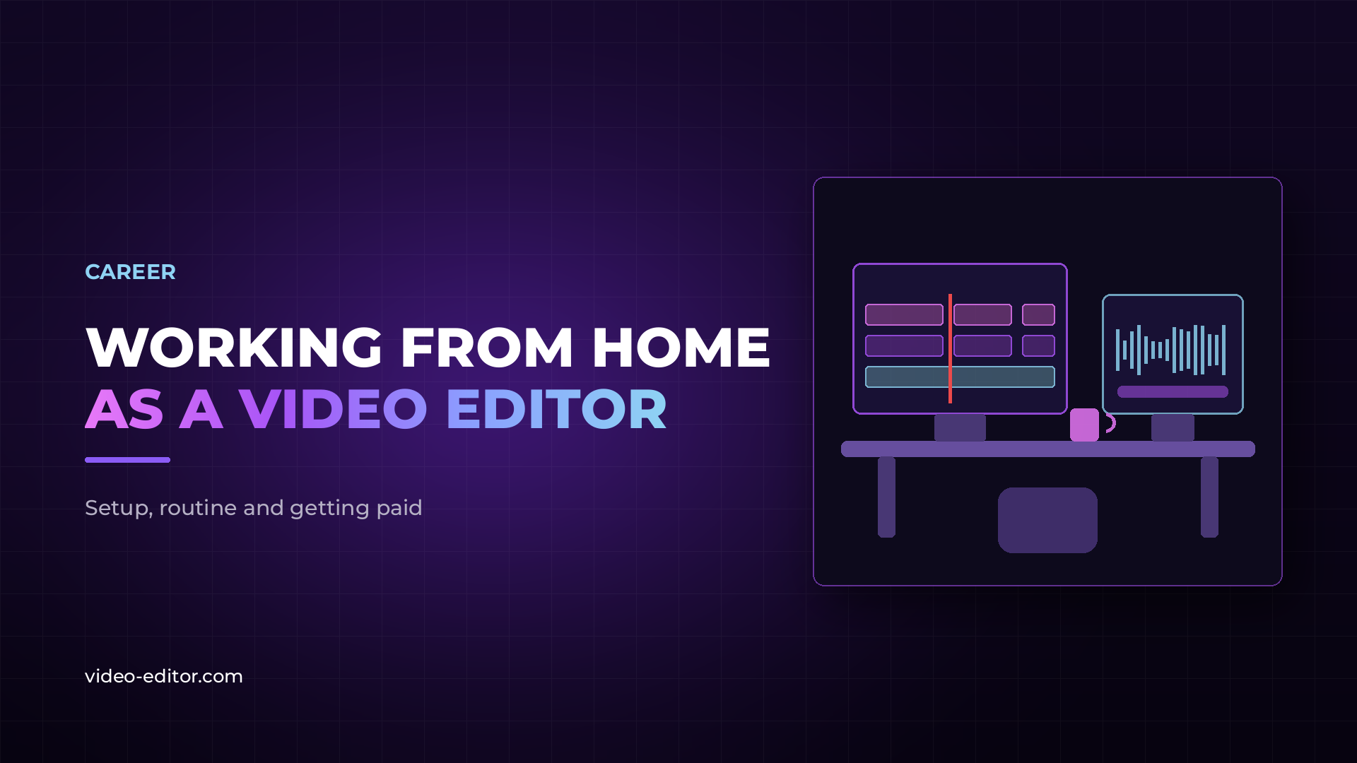 Blog post thumbnail reading "Working From Home as a Video Editor" next to an illustrated home desk with an editing timeline on the main monitor and an audio waveform on a second screen.