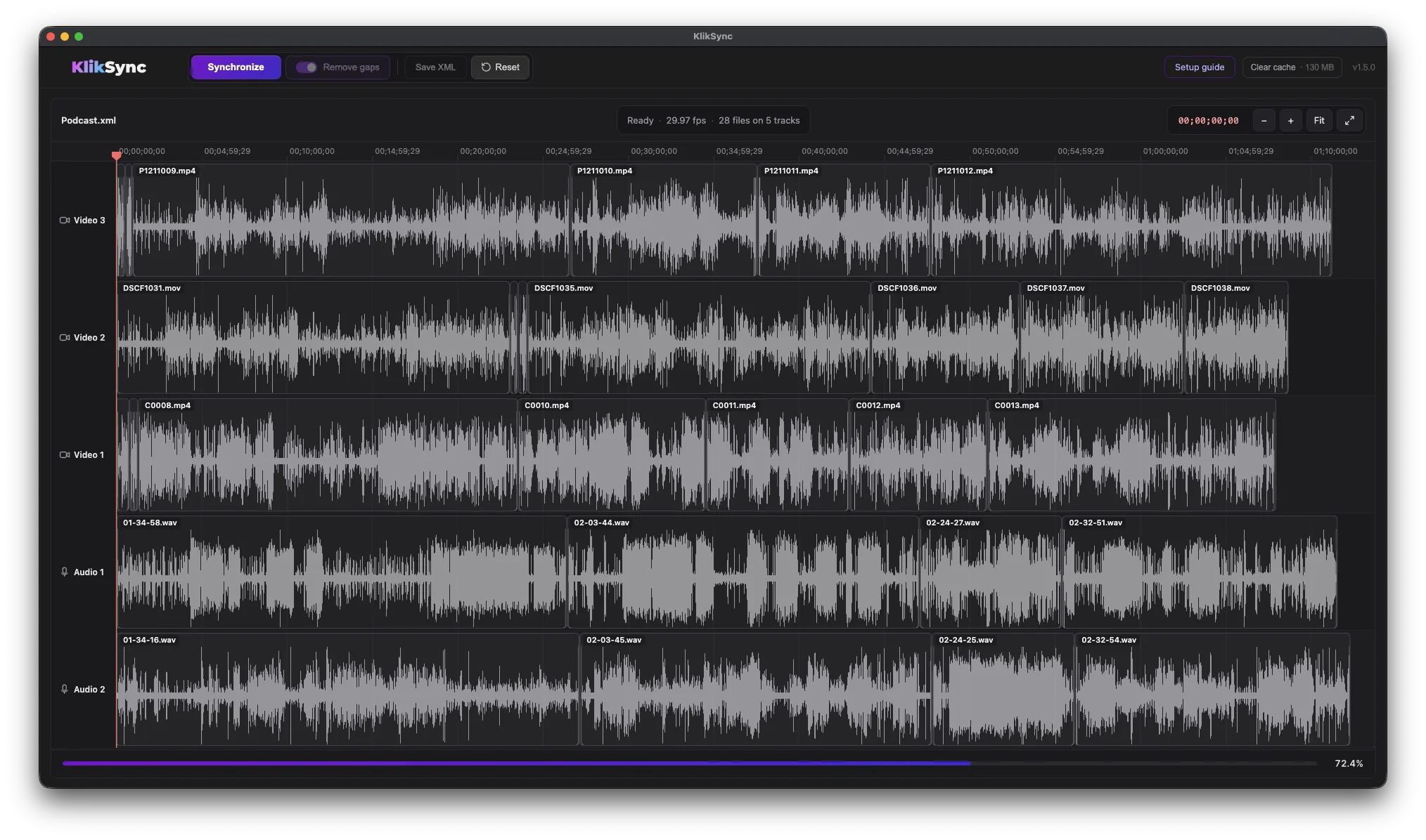 KlikSync timeline during syncing, with waveforms appearing on every clip and a progress bar at 72%