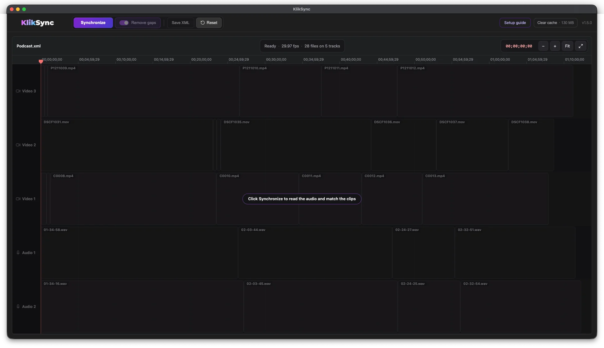 KlikSync timeline view before syncing, showing video and audio clips on five tracks
